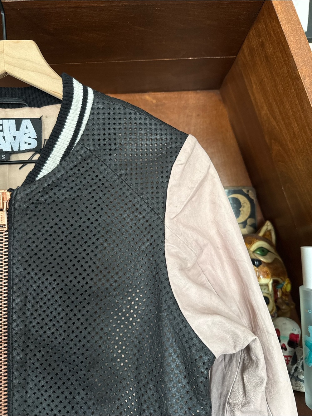 Leila Shams - Perforated Bomber Jacket - Black / Blush Sleeves - Women’s Small